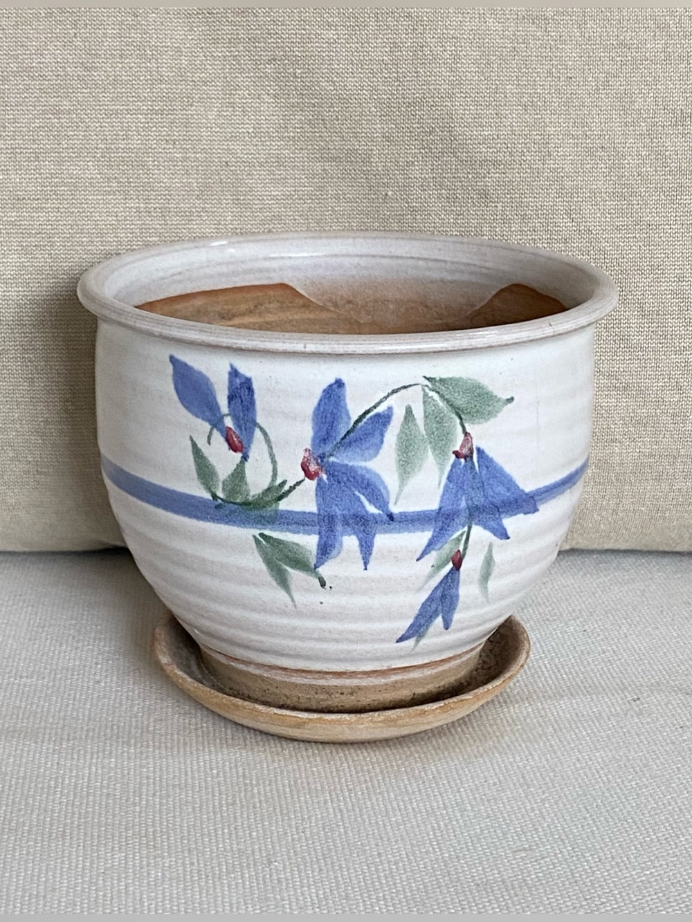 Vintage Studio Pottery Hand Painted Blue Floral Planter with Saucer